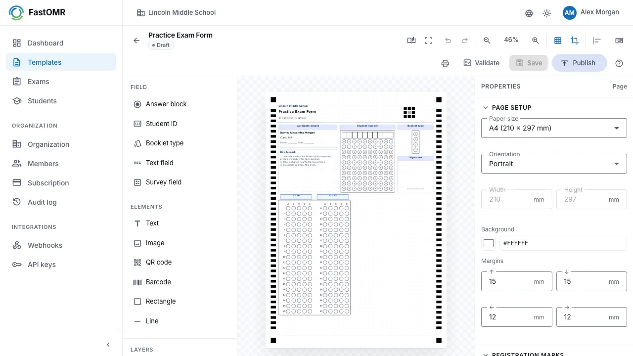 The FastOMR designer with an answer sheet on the canvas