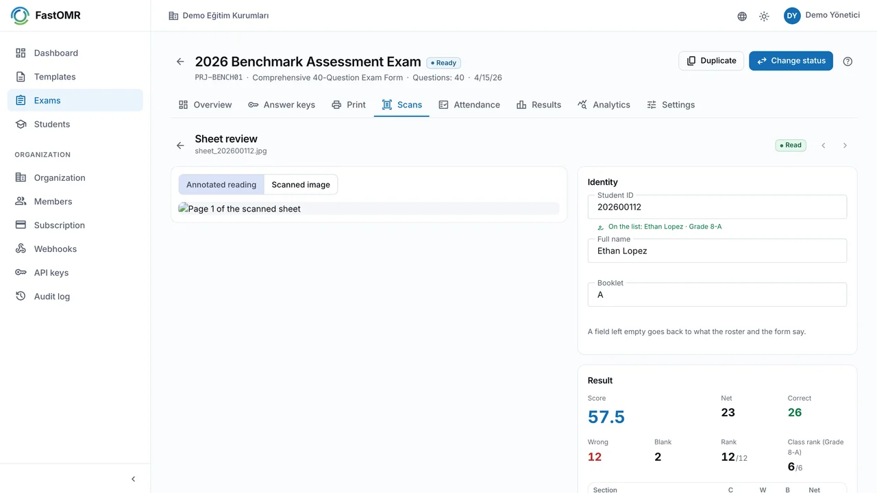 FastOMR Sheet Review and Verification Screen