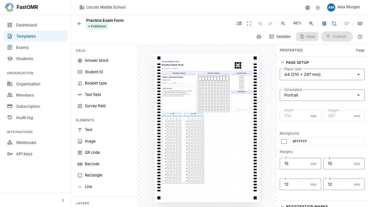 A published answer-sheet template